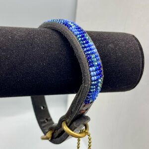 Handmade Kenyan Beaded Leather Dog Collar 10” small blue